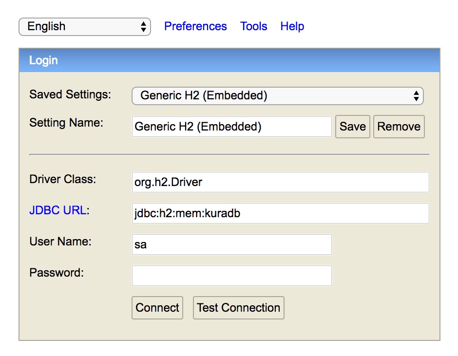 H2Db Service Web Console Login