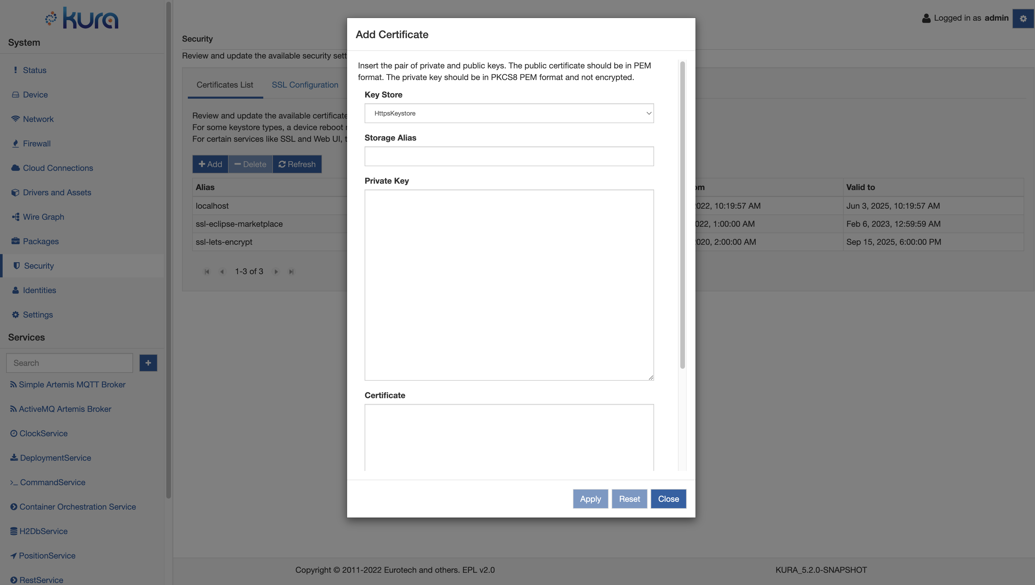 Keys and Certificates New Keypair